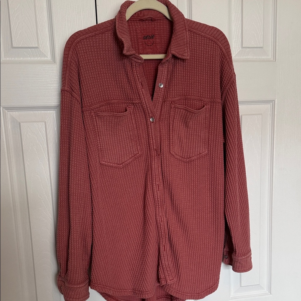 Aerie Waffle Knit Button Down Shirt in Rust